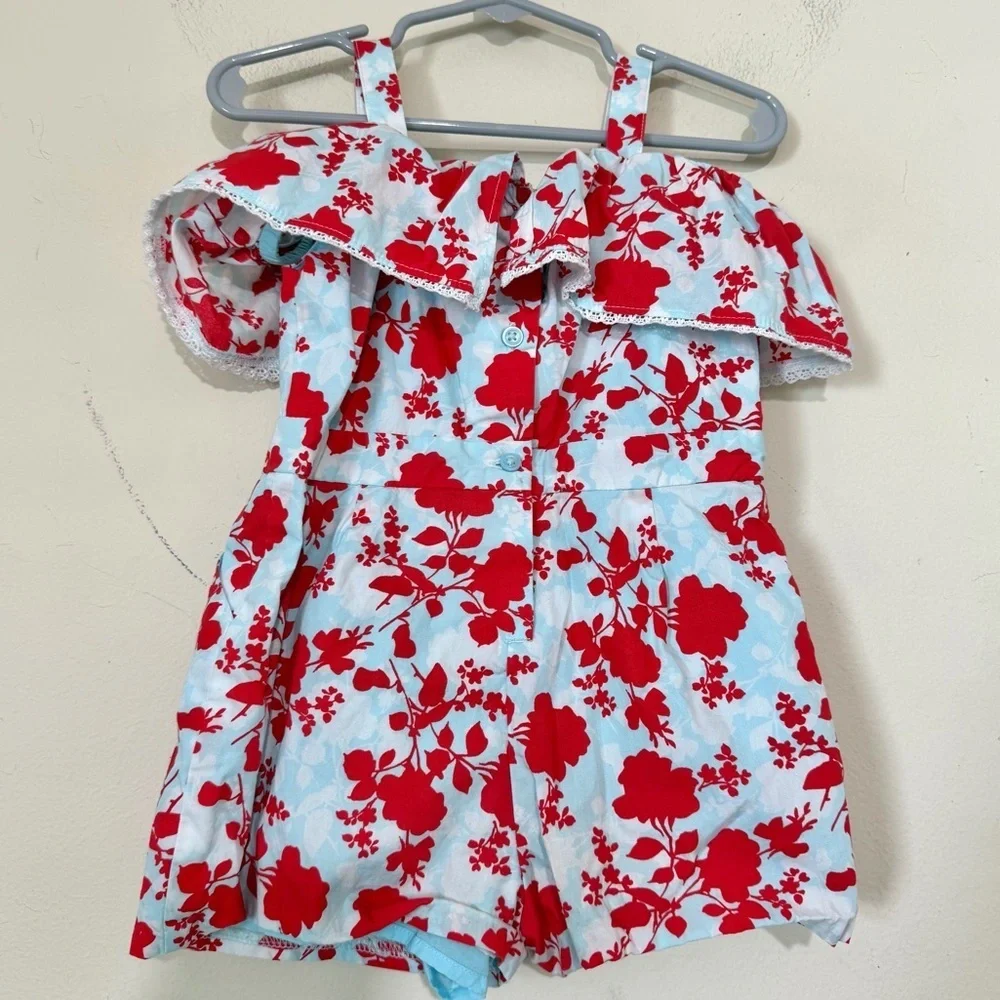 Janie and Jack Summer Floral Sky Cold Shoulder Blue and Red Romper 2T